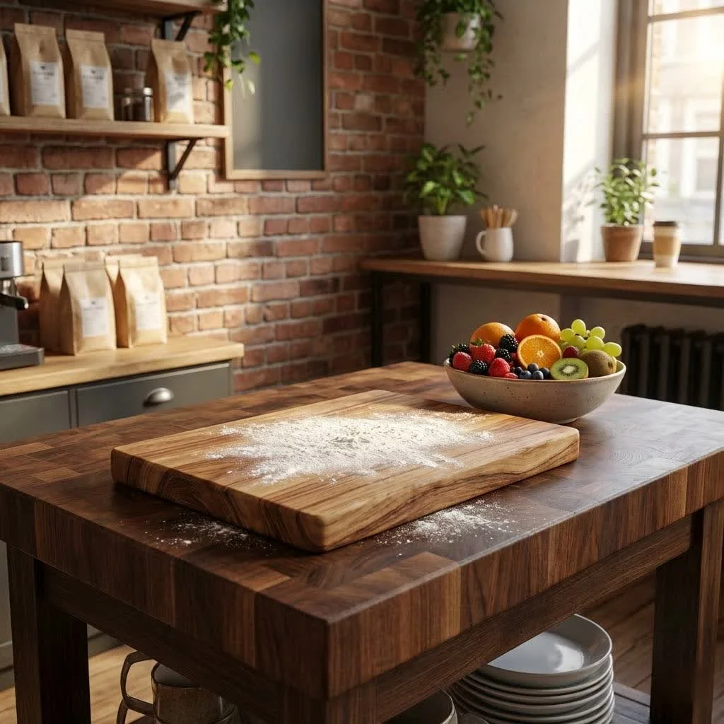 Large wooden cutting board on a kitchen counter