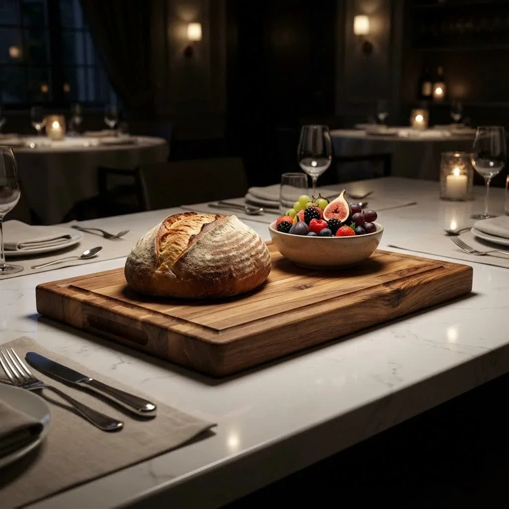 High-quality wooden cutting board with various kitchen knives