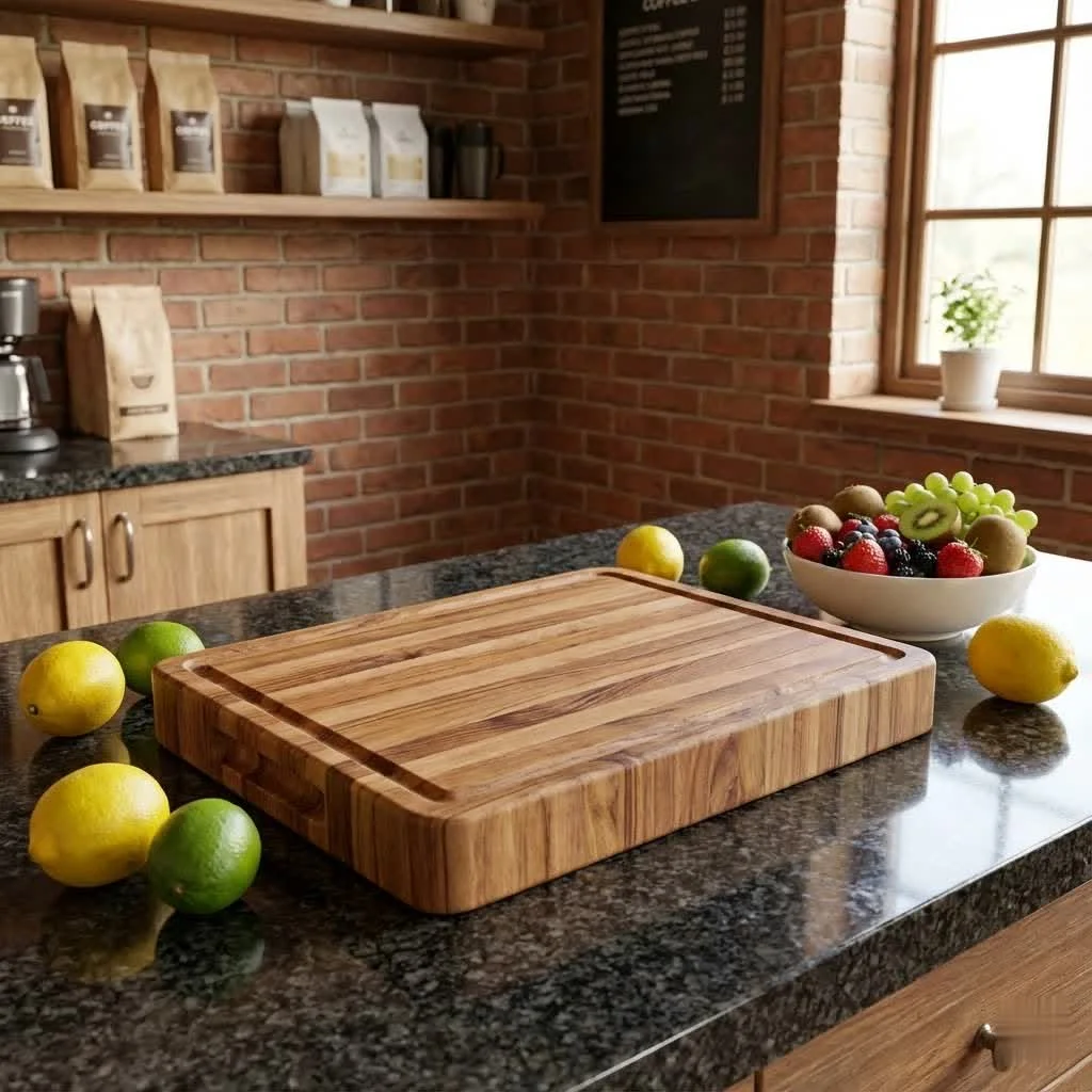 Walnut end grain cutting board with rich, dark wood tones