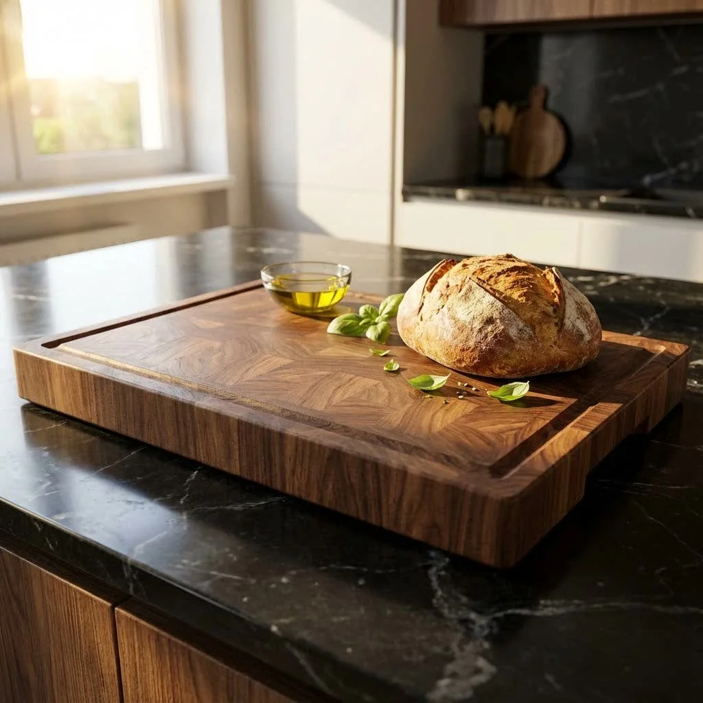 Stainless steel cutting board on a kitchen counter