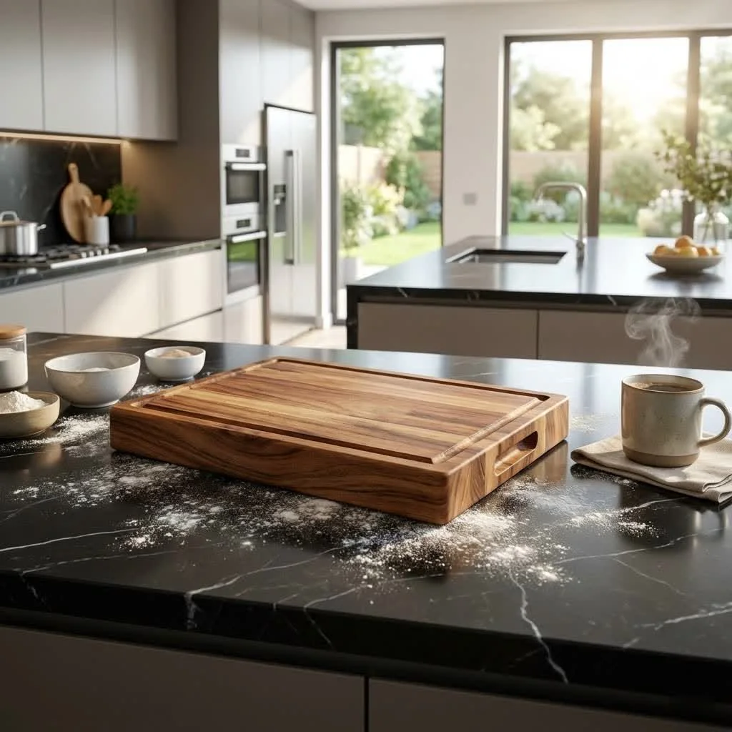 John Boos maple cutting board with various kitchen tools