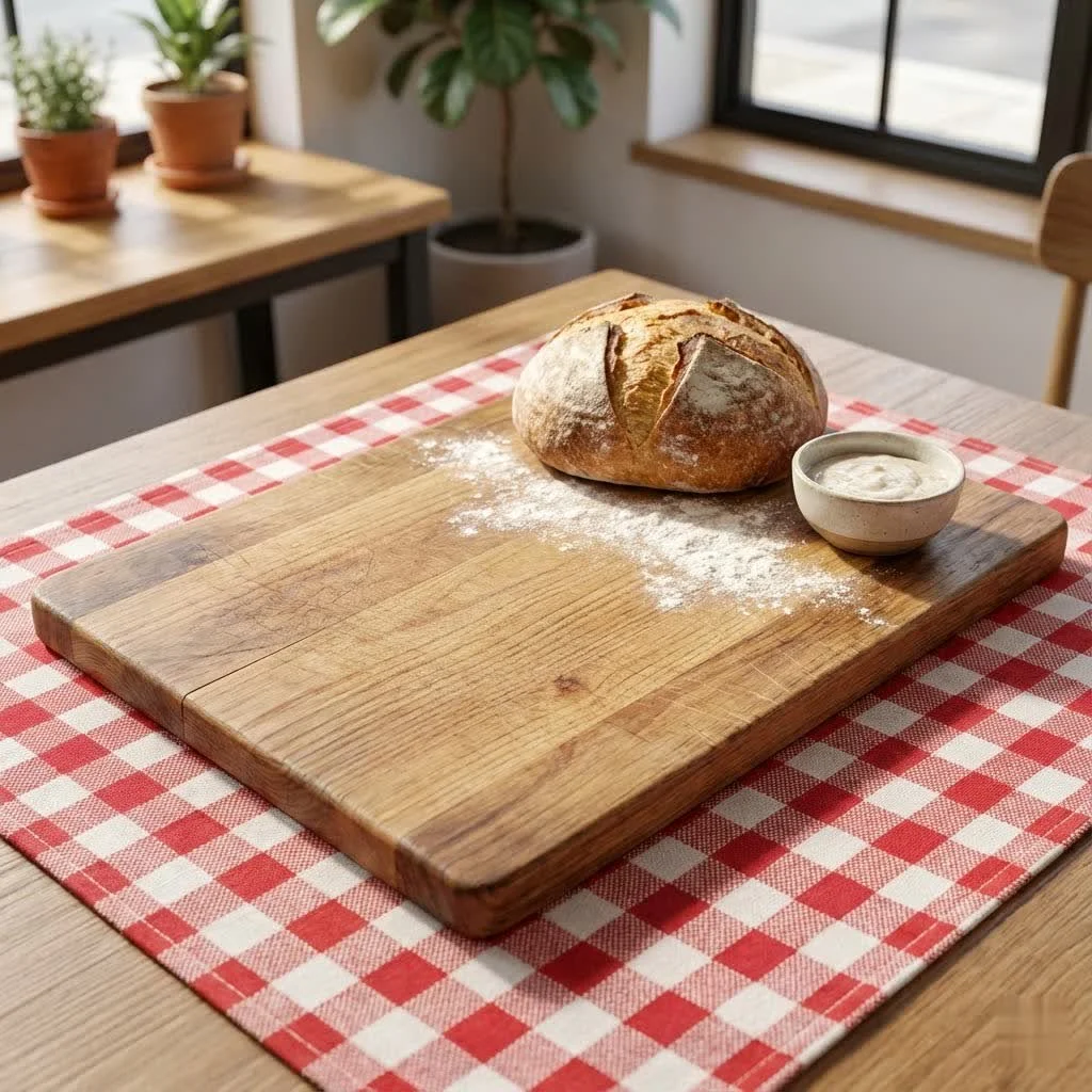 Elegant checkered end-grain cutting board on a kitchen counter