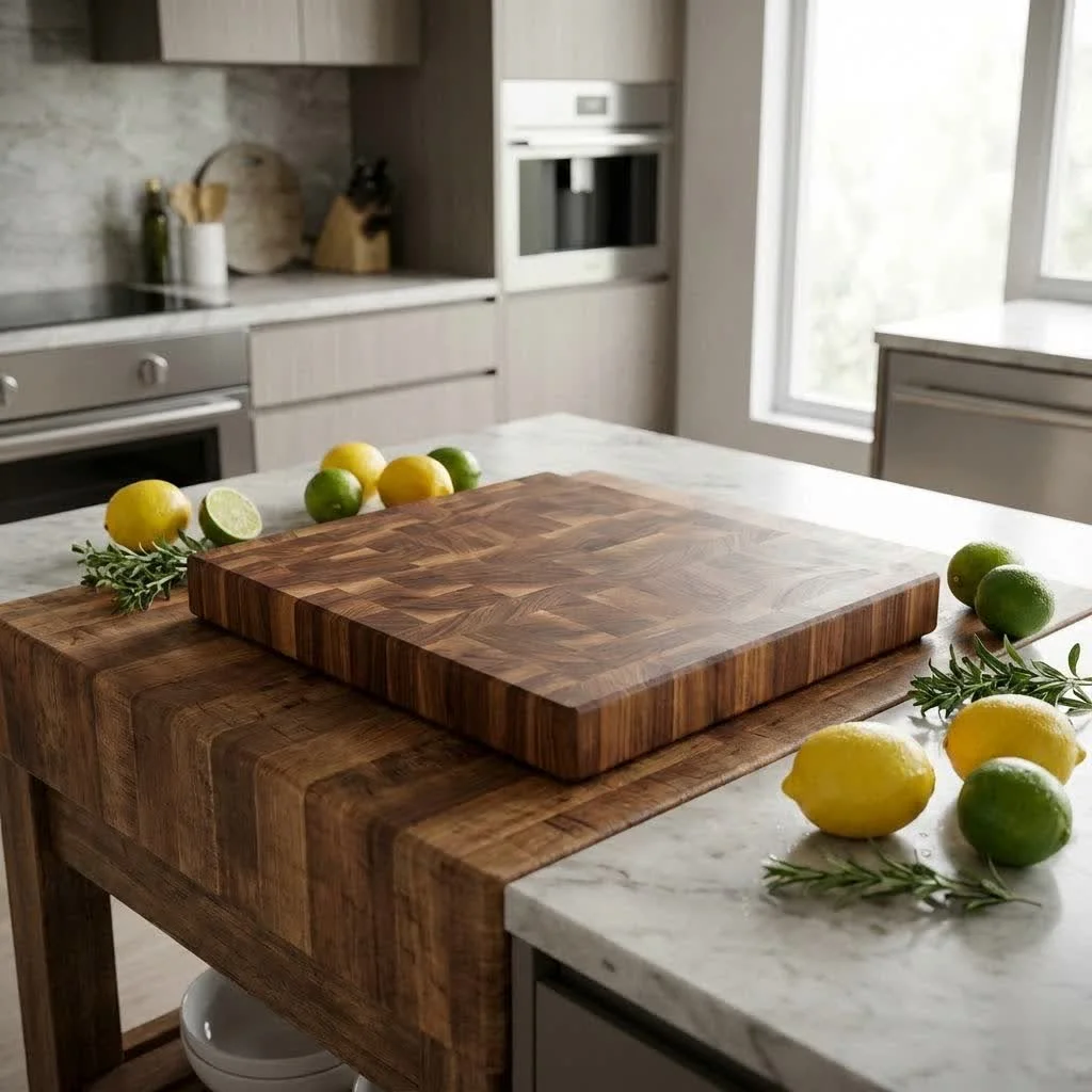 Shiny stainless steel cutting board on a kitchen counter