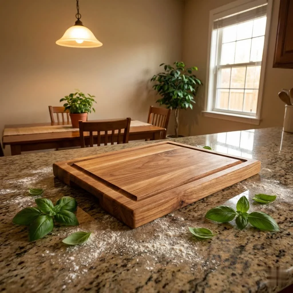 Wooden cutting board with a handle and juice groove