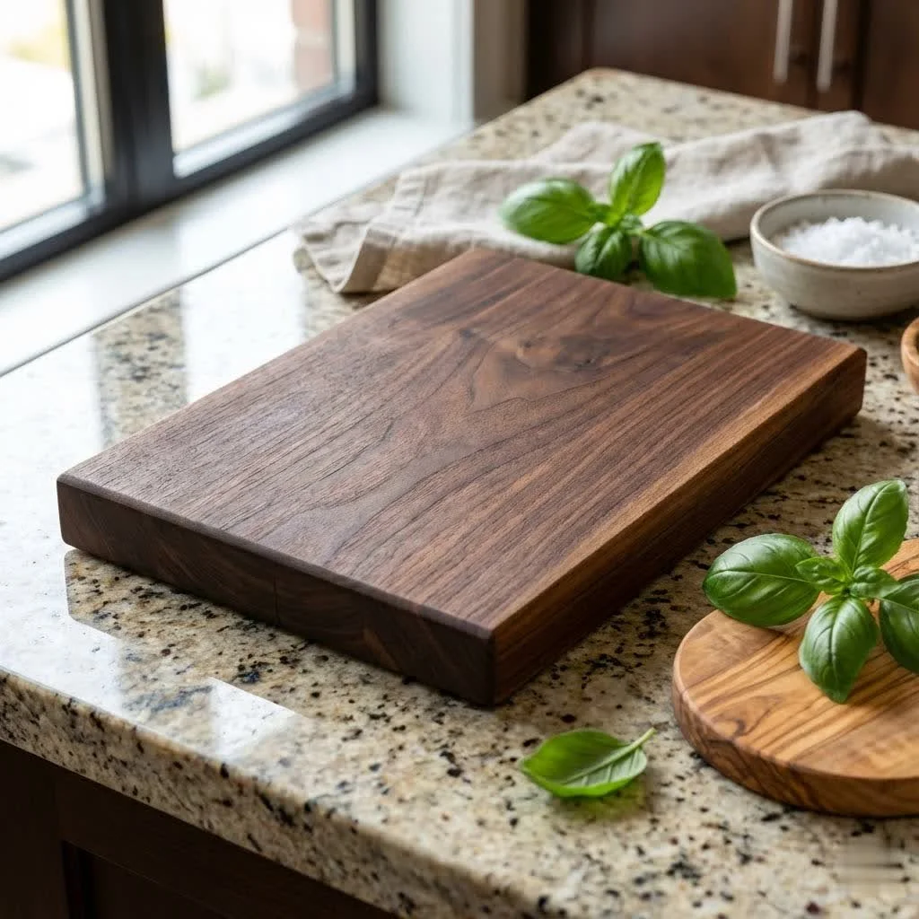 Wooden cutting board being cleaned with a sponge