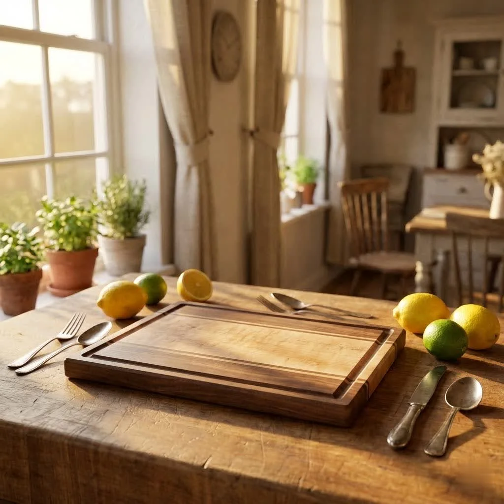 Close-up of a wooden cutting board with a knife