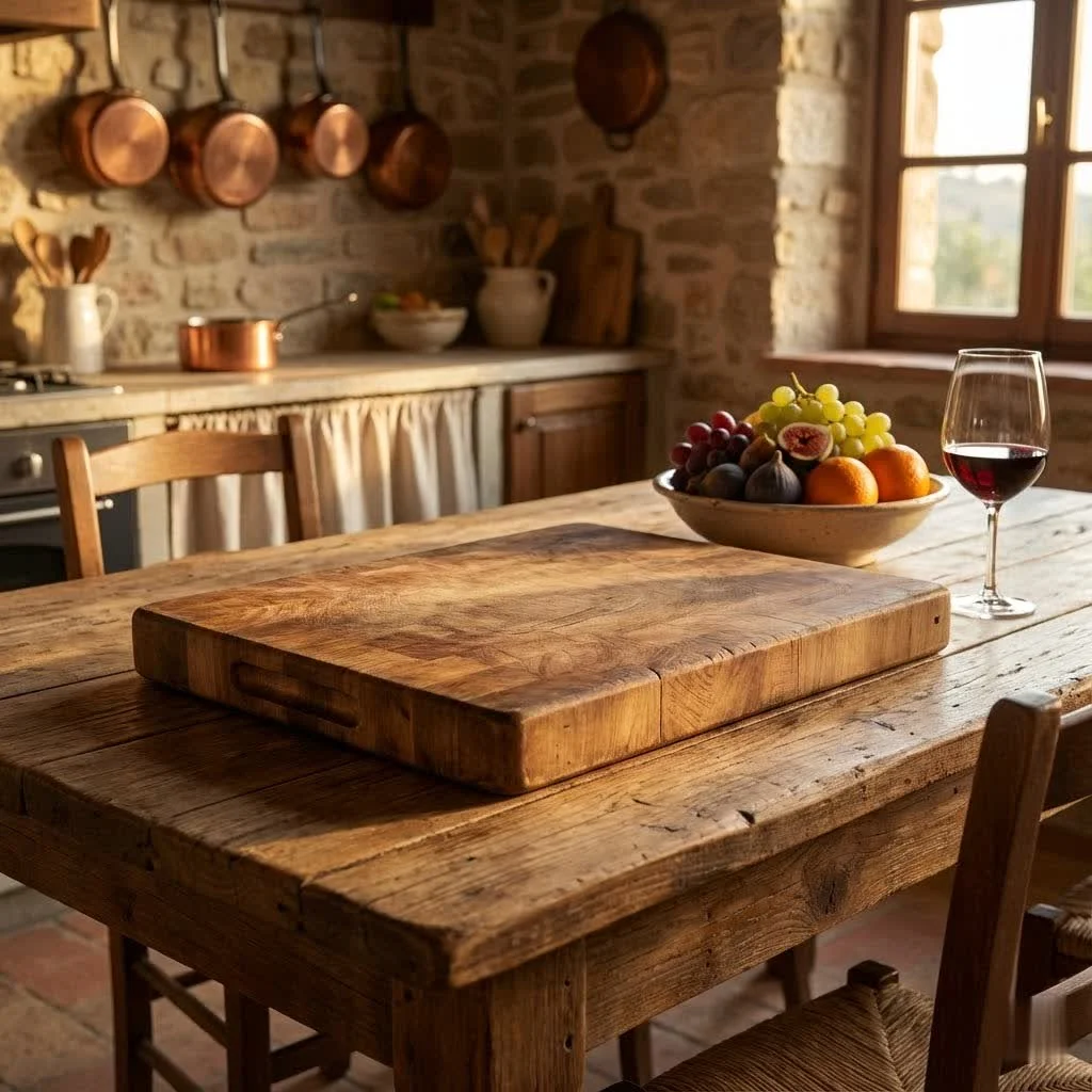 Hinoki cutting board on a kitchen counter with fresh ingredients