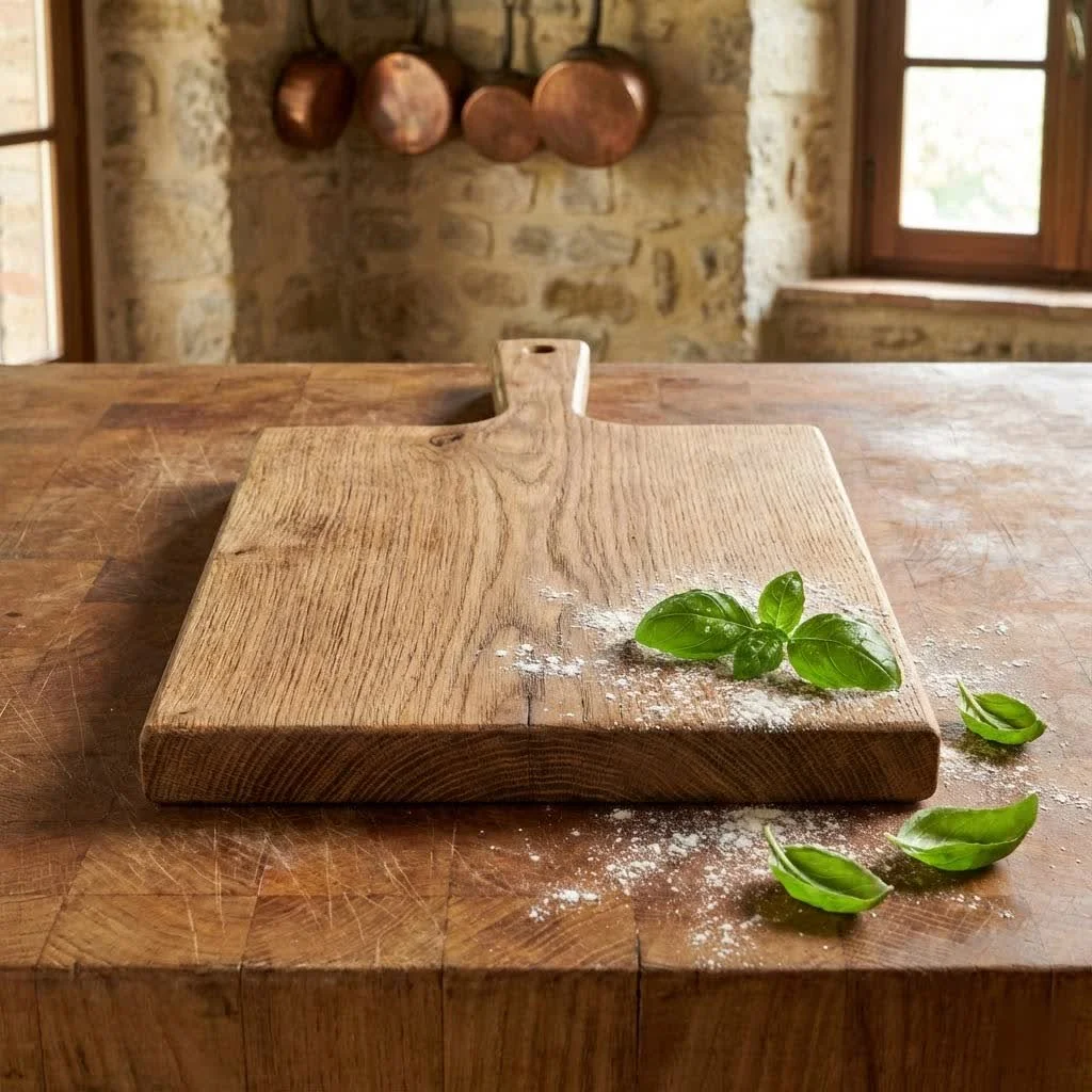 Large wooden cutting board on a kitchen counter