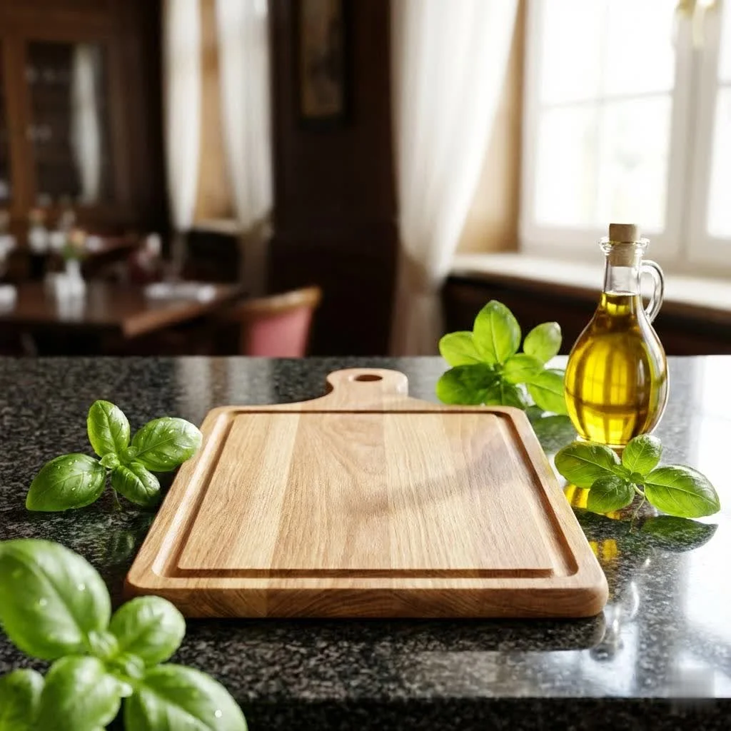 Solid wood cutting board with various vegetables and a knife